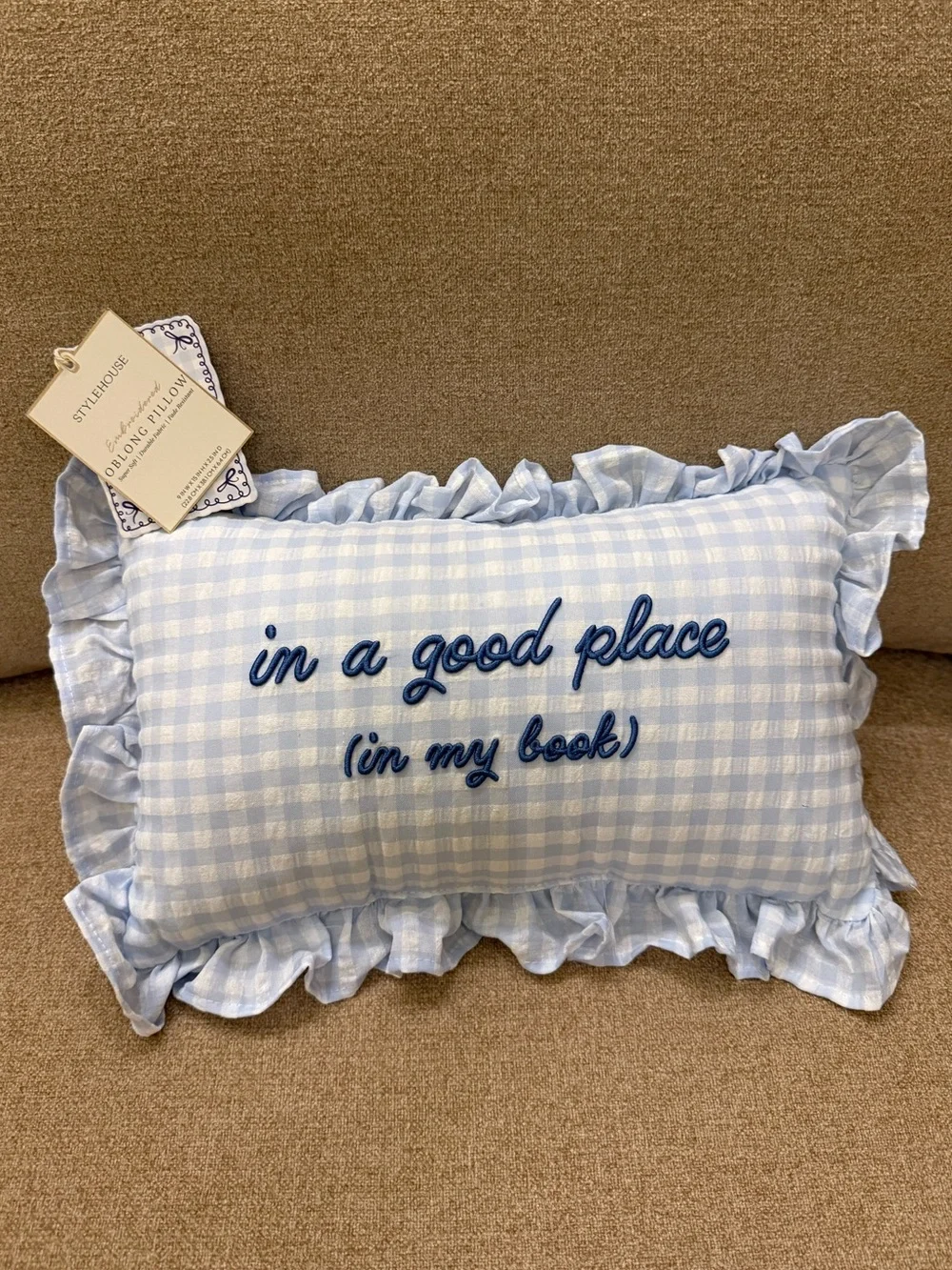 In a Good Place In My Book Gingham Blue & White Decorative Pillow Stylehouse NWT